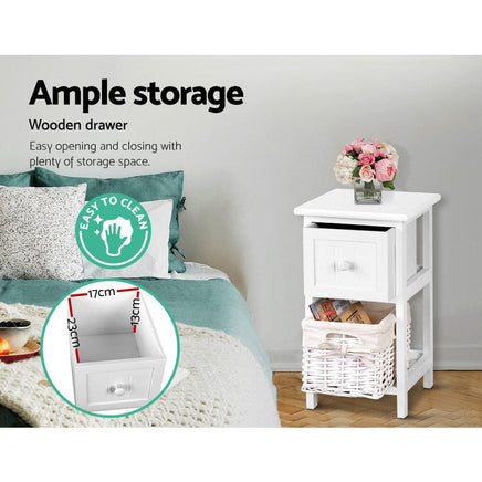 Bedside Table 1 Drawer with Basket Rustic White X2 Furniture Kings Warehouse