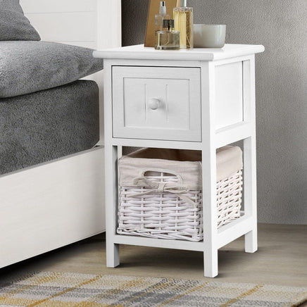 Bedside Table 1 Drawer with Basket Rustic White X2 Furniture Kings Warehouse