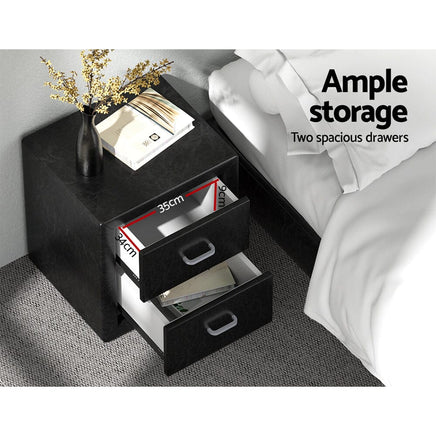 Bedside Table 2 Drawers Leather - CADEN Black Kings Warehouse
