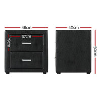 Bedside Table 2 Drawers Leather - CADEN Black Kings Warehouse