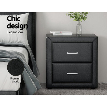 Bedside Table 2 Drawers Leather - CADEN Black Kings Warehouse