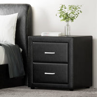 Bedside Table 2 Drawers Leather - CADEN Black Kings Warehouse