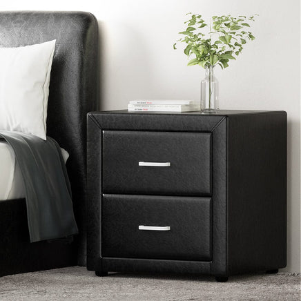 Bedside Table 2 Drawers Leather - CADEN Black Kings Warehouse