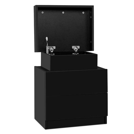 Bedside Table 2 Drawers Lift-up Storage - COLEY Black Furniture Kings Warehouse