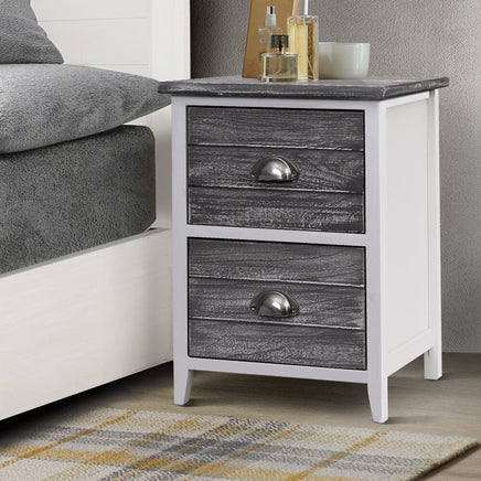 Bedside Table 2 Drawers Vintage X2 - THYME Grey Furniture Kings Warehouse