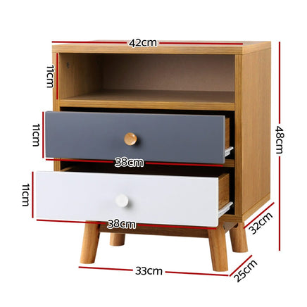 Bedside Table 2 Drawers with Shelf - BERTHA Oak Furniture Kings Warehouse