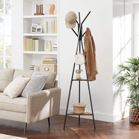 Black Coat Rack Stand Industrial Style 2 Shelves Clothes Home & Garden Kings Warehouse