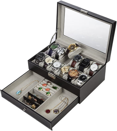 Black Leather Watch Box Jewelry Display Case with Drawers (12 Slots with 2 Layers) Kings Warehouse