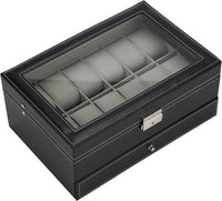 Black Leather Watch Box Jewelry Display Case with Drawers (12 Slots with 2 Layers) Kings Warehouse