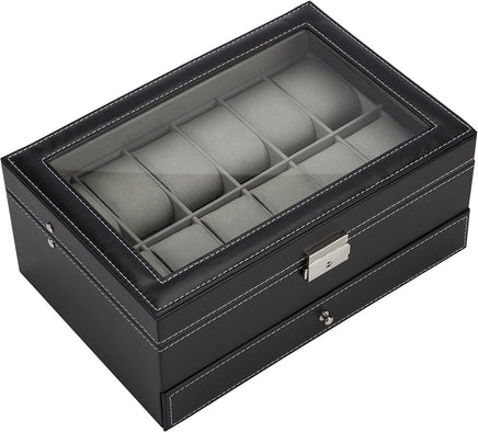 Black Leather Watch Box Jewelry Display Case with Drawers (12 Slots with 2 Layers) Kings Warehouse
