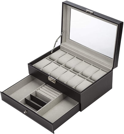 Black Leather Watch Box Jewelry Display Case with Drawers (12 Slots with 2 Layers) Kings Warehouse