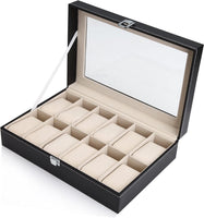 Black PU Leather Watch Organizer Display Storage Box Cases for Men & Women (12 slots)