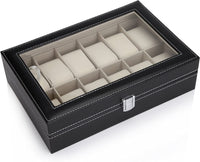 Black PU Leather Watch Organizer Display Storage Box Cases for Men & Women (12 slots) Kings Warehouse 