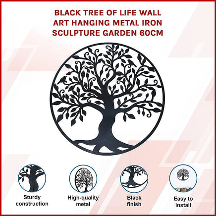 Black Tree of Life Wall Art Hanging Metal Iron Sculpture Garden 60cm Home & Garden Kings Warehouse