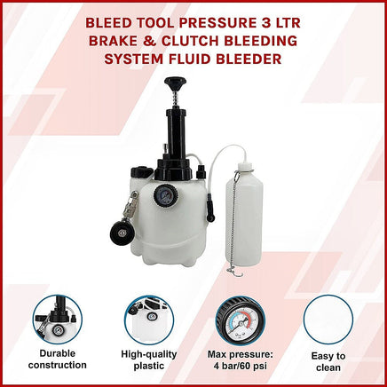 Bleed Tool Pressure 3 ltr Brake & Clutch Bleeding System Fluid Bleeder Tools Kings Warehouse