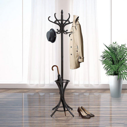 Brown Coat Rack with Stand Wooden Hat and 12 Hooks Hanger Walnut tree Furniture Kings Warehouse