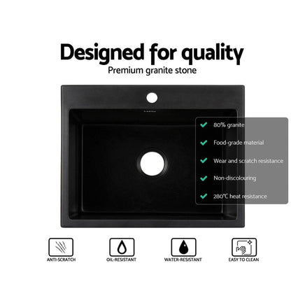 Cefito Kitchen Sink Granite Stone Sinks Basin Single Bowl Black 600mmx470mm Kings Warehouse