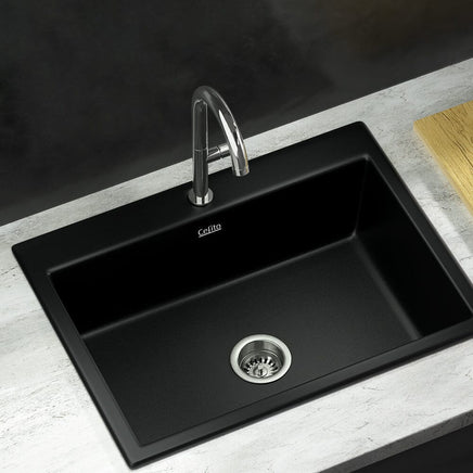 Cefito Kitchen Sink Granite Stone Sinks Basin Single Bowl Black 600mmx470mm Kings Warehouse