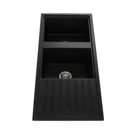 Cefito Kitchen Sink Stone Sink Granite Laundry Basin Double Bowl 116x49cm Black Kings Warehouse