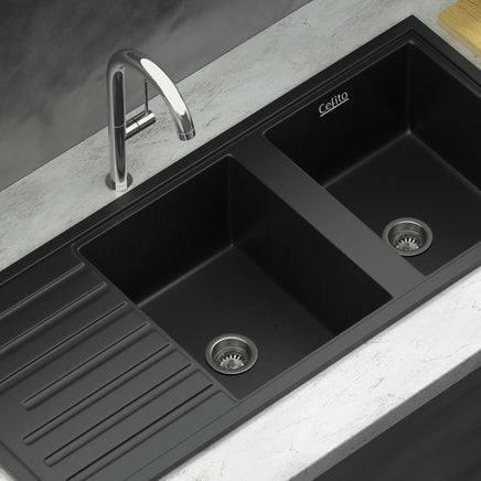 Cefito Kitchen Sink Stone Sink Granite Laundry Basin Double Bowl 116x49cm Black Kings Warehouse
