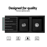 Cefito Kitchen Sink Stone Sink Granite Laundry Basin Double Bowl 116x49cm Black Kings Warehouse