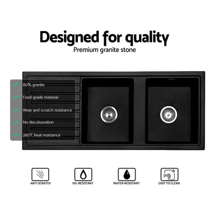 Cefito Kitchen Sink Stone Sink Granite Laundry Basin Double Bowl 116x49cm Black Kings Warehouse