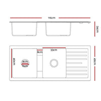 Cefito Kitchen Sink Stone Sink Granite Laundry Basin Double Bowl 116x49cm Black Kings Warehouse