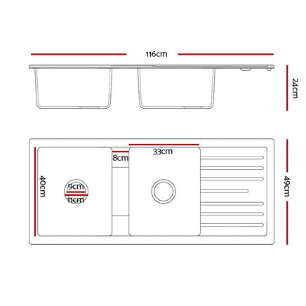 Cefito Kitchen Sink Stone Sink Granite Laundry Basin Double Bowl 116x49cm Black Kings Warehouse