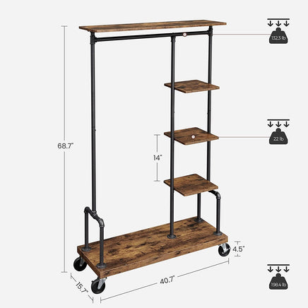 Clothing Garment Rack on Wheels with 5-Tier, Industrial Pipe Style, Rustic Brown Home & Garden Kings Warehouse