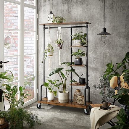 Clothing Garment Rack on Wheels with 5-Tier, Industrial Pipe Style, Rustic Brown Home & Garden Kings Warehouse