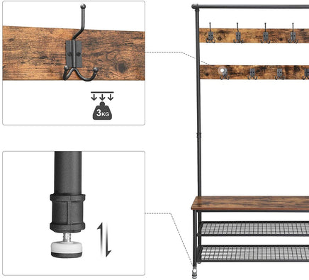 Coat Rack Stand with 9 Hooks and Shoe Rack with Industrial Style Sturdy Steel Frame Furniture Kings Warehouse