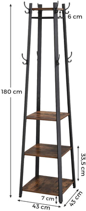 Coat Rack with 3 Shelves with Hooks Rustic Brown and Black Furniture Kings Warehouse