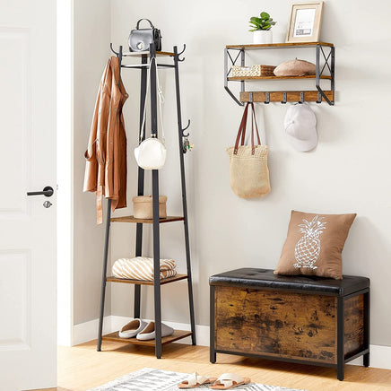 Coat Rack with 3 Shelves with Hooks Rustic Brown and Black Furniture Kings Warehouse
