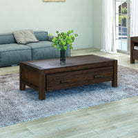 Coffee Table Solid Acacia Wood & Veneer 1 Drawers Storage Chocolate Colour Furniture Kings Warehouse