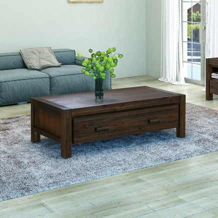 Coffee Table Solid Acacia Wood & Veneer 1 Drawers Storage Chocolate Colour Furniture Kings Warehouse