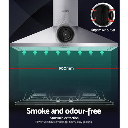 Devanti 900mm Range Hood 90cm Rangehood Stainless Steel Appliances Stocktake Sale Kings Warehouse