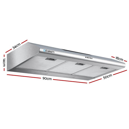 DEVANTI Fixed Range Hood Rangehood Stainless Steel Kitchen Canopy 90cm 900mm Appliances Stocktake Sale Kings Warehouse