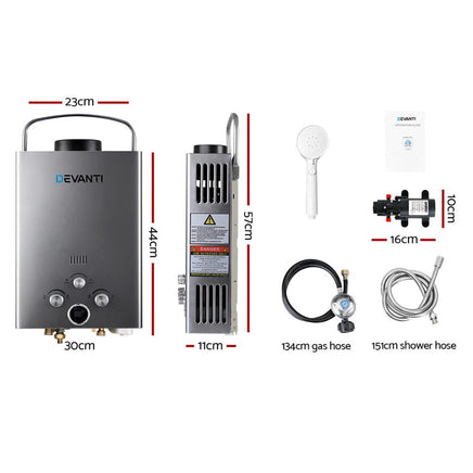 Devanti Portable Gas Water Heater 8L/Min With Pump LPG System Grey Outdoor Recreation Kings Warehouse