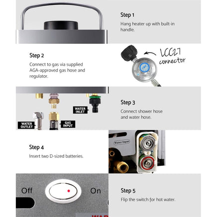 Devanti Portable Gas Water Heater 8L/Min With Pump LPG System Grey Outdoor Recreation Kings Warehouse