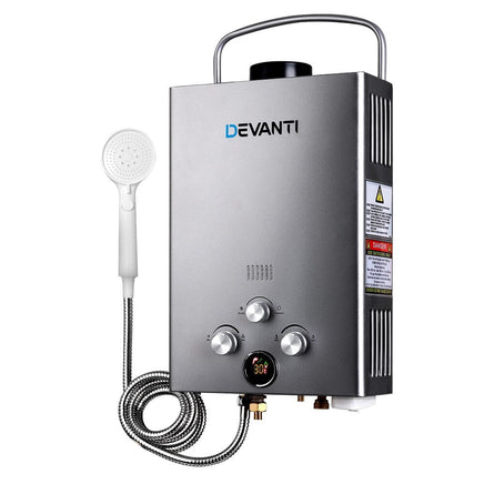 Devanti Portable Gas Water Heater 8L/Min With Pump LPG System Grey Outdoor Recreation Kings Warehouse