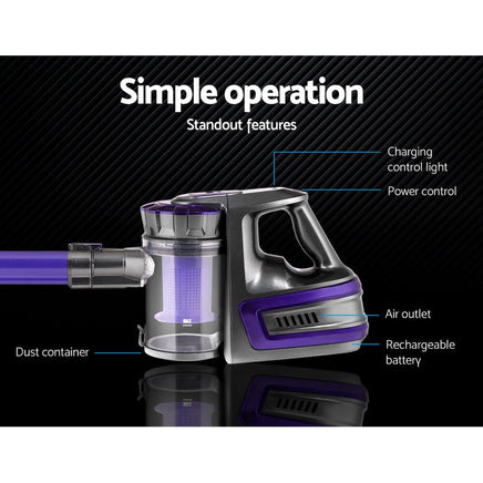 Devanti Stick Vacuum Cleaner Bagless Cordless 150W Purple Appliances Kings Warehouse