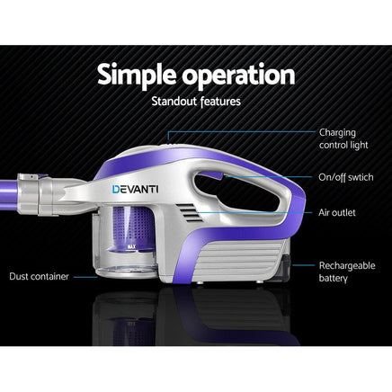 Devanti Stick Vacuum Cleaner Bagless Cordless 150W Purple Appliances Kings Warehouse