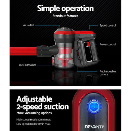 Devanti Stick Vacuum Cleaner Brushless Cordless 250W Red Appliances Kings Warehouse