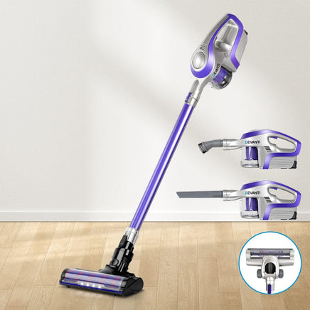 Devanti Stick Vacuum Cleaner Roller Brush Cordless 150W Purple Appliances Kings Warehouse