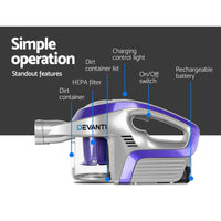 Devanti Stick Vacuum Cleaner Roller Brush Cordless 150W Purple Appliances Kings Warehouse