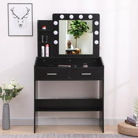 Diana Vanity Set with Shelves Cushioned Stool and Lighted Mirror- Black Furniture Kings Warehouse