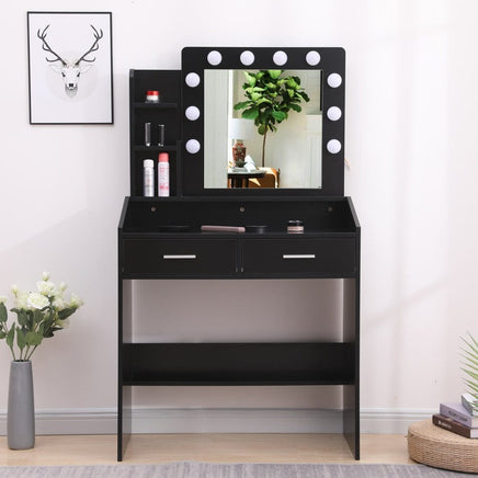 Diana Vanity Set with Shelves Cushioned Stool and Lighted Mirror- Black Furniture Kings Warehouse