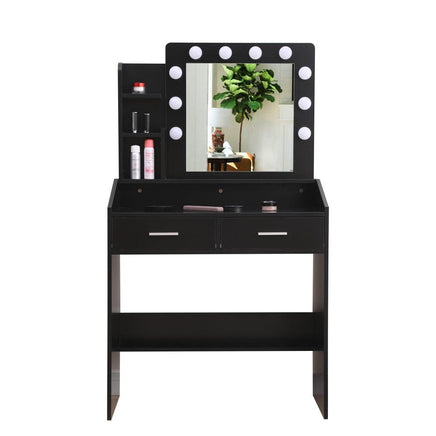 Diana Vanity Set with Shelves Cushioned Stool and Lighted Mirror- Black Furniture Kings Warehouse
