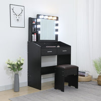 Diana Vanity Set with Shelves Cushioned Stool and Lighted Mirror- Black Furniture Kings Warehouse