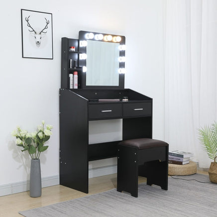 Diana Vanity Set with Shelves Cushioned Stool and Lighted Mirror- Black Furniture Kings Warehouse